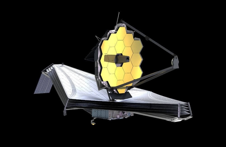 Représentation artistique du télescope spatial James Webb dans l'espace.